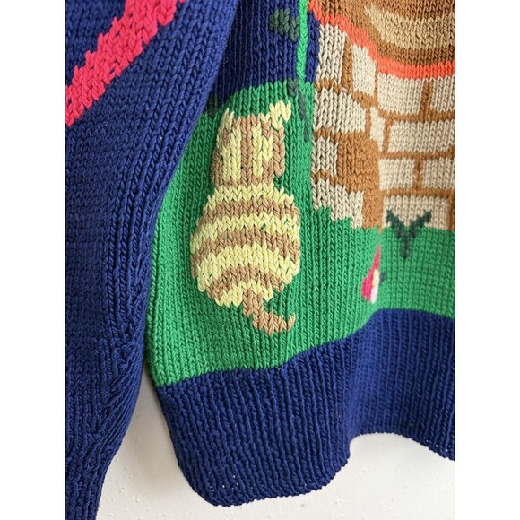 Berek Hand Knit Sweater Sz Petite Lace Collar Vtg 80s Wishing Well Flowers Cat - Picture 5 of 11